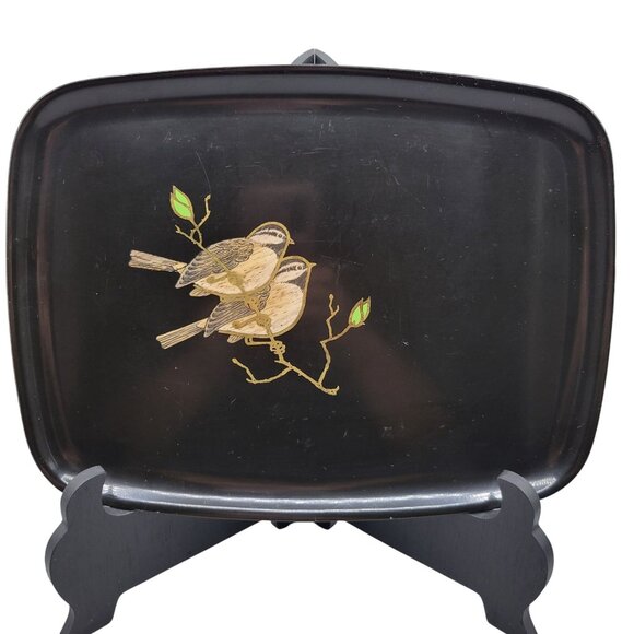 Couroc Chickadees on Branch Rectangular Tray Hand Inlaid Wood - Picture 1 of 6